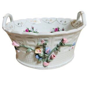 Vintage Ceramic Floral Basket 3D Flowers Cottage Granny Country Decoration